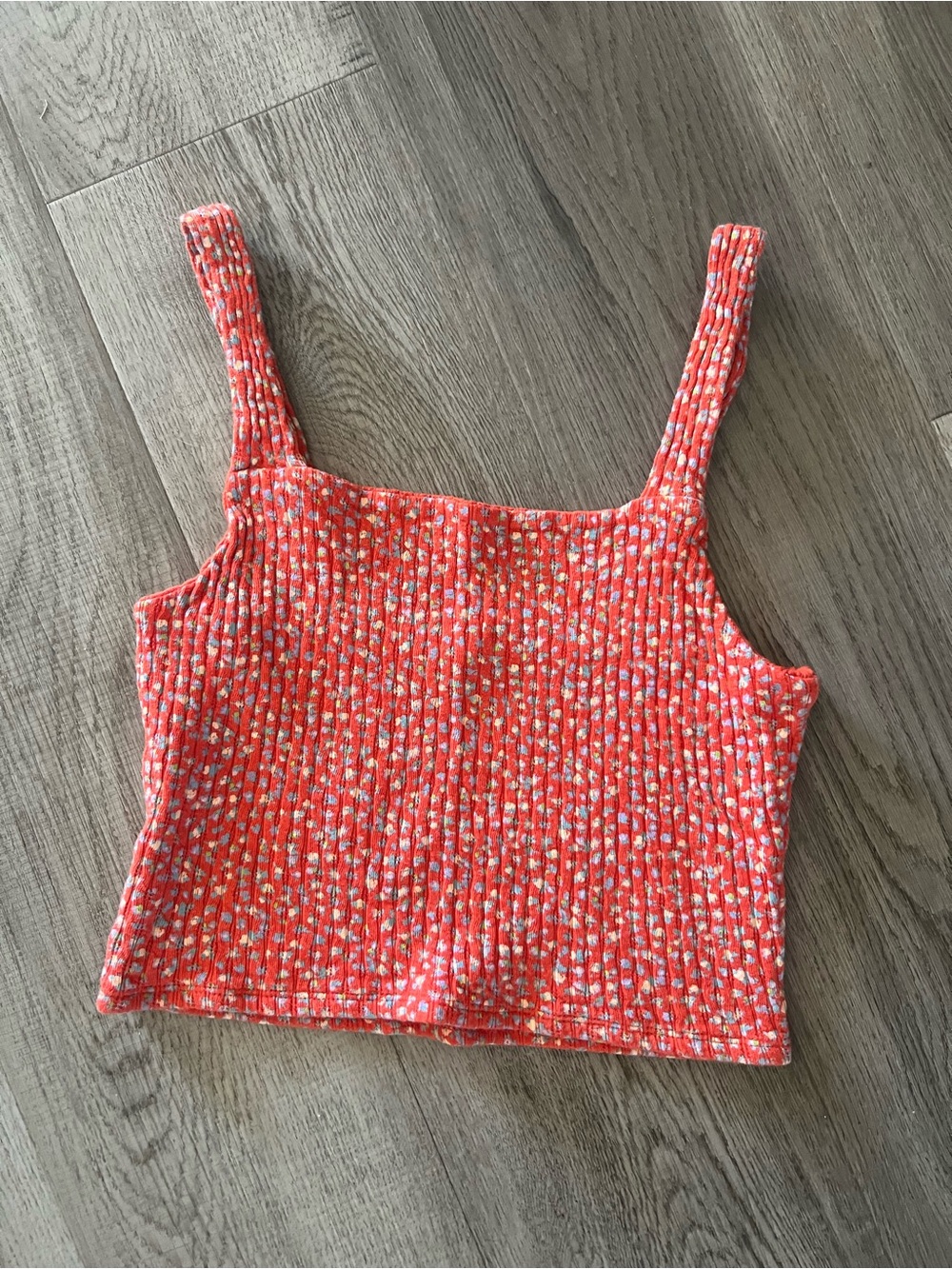 American Eagle Outfitters Orange Floral Ribbed Cropped Tank